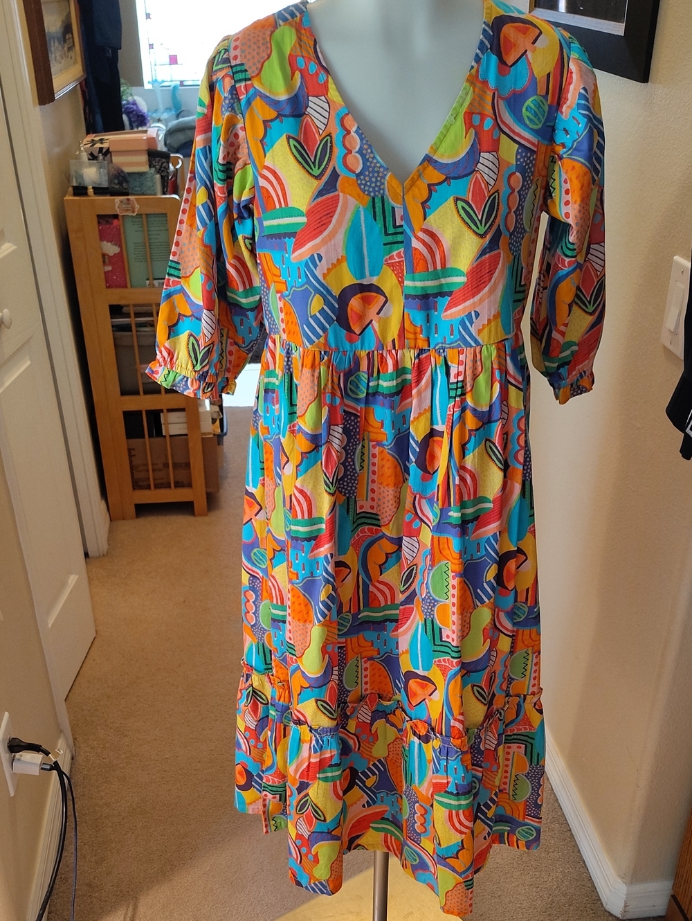 BWWT Briton Court Multi-Color Abstract Midi Dress in Orange, Blue & Green Size S